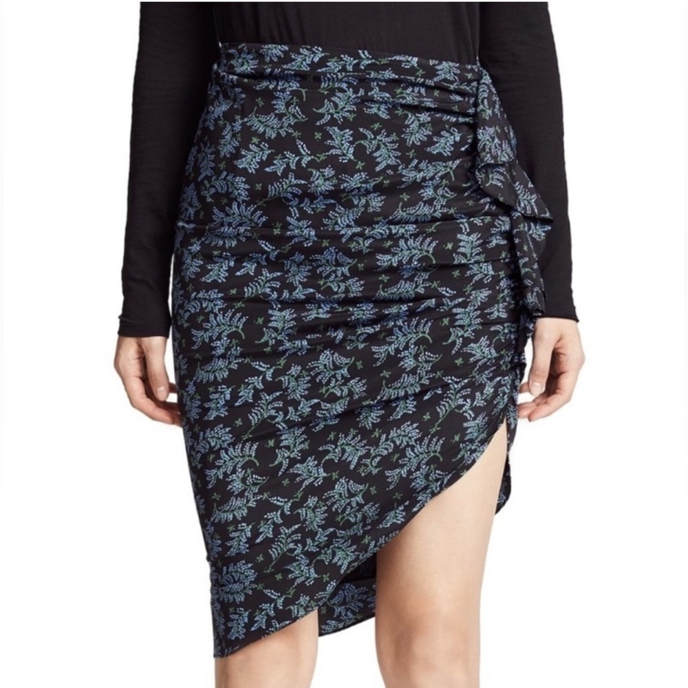 Veronica Beard Hazel Silk Blue Black Floral Print Ruched Skirt Sz 0 Cottagecore